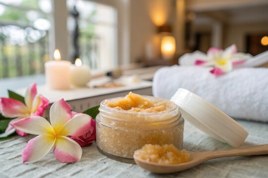 A serene spa setting showcases a jar of sugar scrub surrounded by fresh flowers and lit candles. This tranquil space invites relaxation and rejuvenation, perfect for a soothing self care experience.