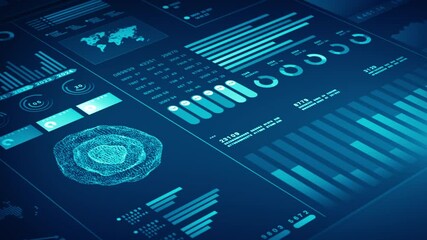 Blue data analytics interface showcasing various charts, graphs, and 3D visualization elements. Ideal for business intelligence, financial insights, Technology and financial Investment background 4k - Powered by Adobe