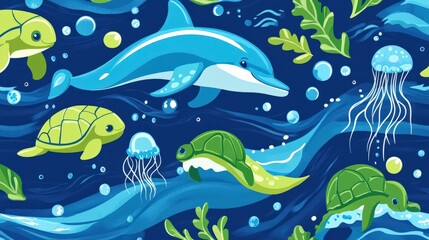 Obraz premium A playful sea-themed animal seamless pattern with dolphins, turtles, and jellyfish, swimming through waves and bubbles