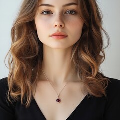 studio portrait of a young woman wearing necklace with ruby pendant isolated on white background