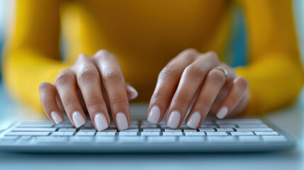 A close-up of hands typing on a keyboard, showcasing a bright yellow sweater and neatly manicured nails, suggesting productivity and focus.