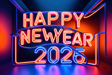 happy new year 2025 written made with bright colored neon tubes on neutral background