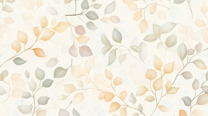 A subtle floral seamless pattern with delicate leaves and vines in light pastels, creating a soothing and elegant background ideal for textiles, stationery, or home decor