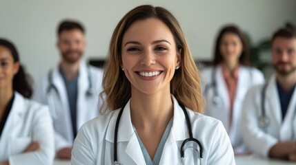 Fototapeta premium A diverse group of medical professionals smiles confidently, showcasing teamwork and dedication in a healthcare environment.