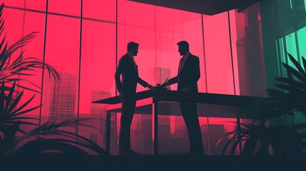 Businessmen Silhouettes Meeting In Modern Office With Red Neon Lighting