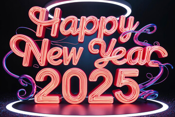 happy new year 2025 written made with bright colored neon tubes on neutral background