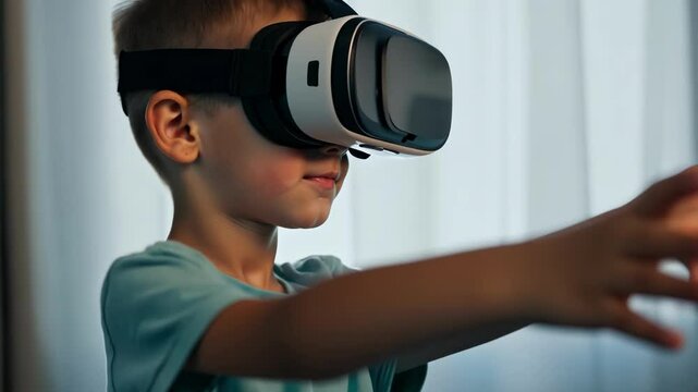 A young boy immersed in virtual reality, wearing VR goggles with a focused expression, symbolizing modern technology and immersive gaming.