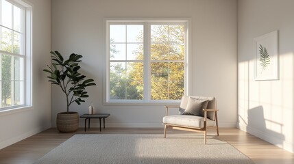 A serene living room scene featuring a comfortable chair, a small table, and natural light streaming through large windows.