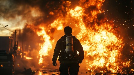 One firefighter, a man on fire, a view from the back, against the background of a burning fire in a fire