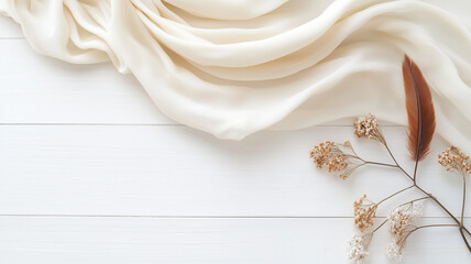 花と布で飾られたミニマリストフラットレイ