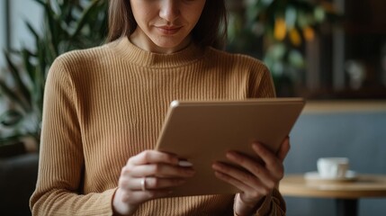 A woman enjoys using a tablet in a cozy cafe, highlighting modern technology in everyday life and relaxed environments.