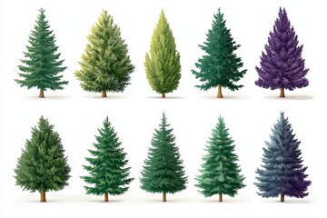 Fototapeta premium Collection of Christmas trees in different colors from green to purple creating a unique and vibrant holiday display with a contemporary twist