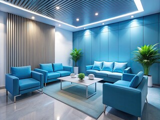 Fototapeta premium Minimalist Blue Waiting Area Interior Design with Modern Furniture, Soft Lighting, and Tranquil Ambiance for Stylish and Relaxing Spaces
