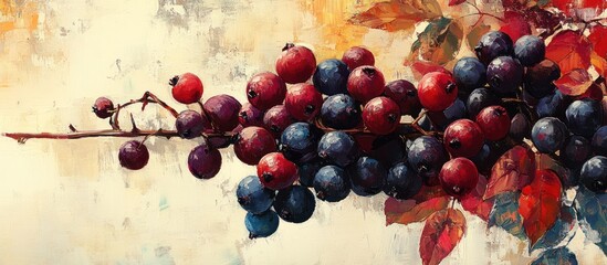 A painting of a branch of red and blue berries with fall leaves.