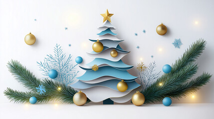 Modern Christmas design set in paper cut style with a layered Christmas tree, golden and blue ornaments, and pine branches, all arranged on a clean white background with soft lights
