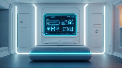Futuristic bedroom design featuring a sleek bed and advanced control panel for a modern lifestyle.
