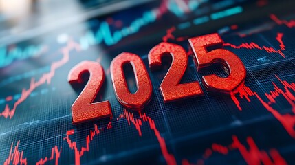 3D render of the word 2025 with red arrows pointing, 2025 business growing background