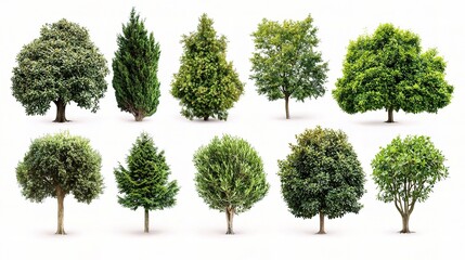 Fototapeta premium Collection of Isolated Various Tree Images on White Background for Nature and Landscape Design, Featuring Unique Foliage, Shapes, and Colors in High Resolution