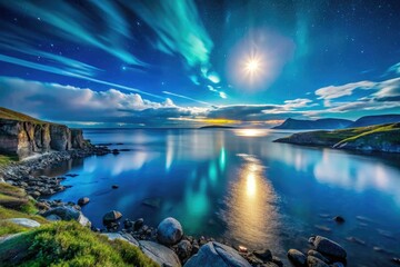Ultrawide Night Panorama of the Barents Sea, Kola Peninsula, Russia - Long Exposure Moonlit Landscape, Starry Sky, Coastal Beauty, Arctic Wilderness, Serene Nature, Night Photography