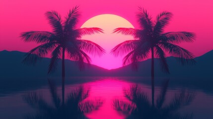 Obraz premium Vibrant sunset over palm trees reflecting on tranquil water, showcasing a stunning tropical paradise with colorful sky.