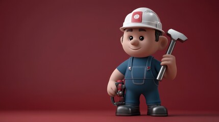 Obraz premium Cute Cartoon Construction Worker with Hammer and Tool Belt