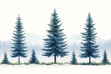 Obraz premium Row of blue tinted evergreen trees against a misty mountain landscape creating a serene winter holiday scene with natural peaceful charm