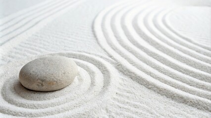 A Single Stone Resting in a Circular Pattern of White Sand, Representing Tranquility and Balance