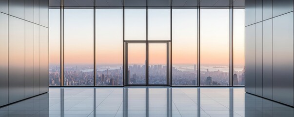 Fototapeta premium A modern office space showcasing large glass windows that reveal a stunning city skyline at sunrise.