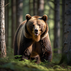 Fototapeta premium Majestic Brown Bear in Forest Close-Up, Making Direct Eye Contact Amid Dense Trees