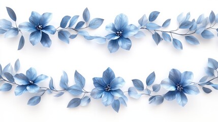 Blue Flowers and Leaves on White Background: A Floral Arrangement
