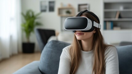 Young woman enjoying virtual reality gaming at home, experiencing immersive digital worlds with VR technology.