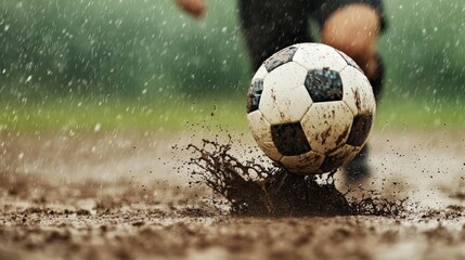 A soccer ball splashes through mud as a player dribbles under falling rain, capturing the essence of outdoor sports in challenging weather.