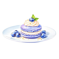 Watercolor illustration of blueberry macaron on a plate on a transparent background, PNG file. PNG element. Suitable for artwork design.