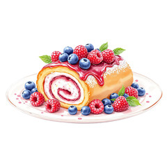 Watercolor illustration of a Swiss Roll cake with berries on a transparent background, PNG file. PNG element. Suitable for artwork design.