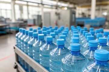 Obraz premium A collection of water bottles lined up in a production area, showcasing the bottling process. Bright light illuminates the functional space where workers prepare products for distribution efficiently.