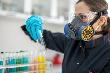 A researcher wearing a face mask and gloves carefully handles a test tube in a laboratory filled with vibrant liquids. The setting emphasizes safety protocols and scientific inquiry in action.