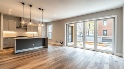 Obraz premium Spacious open-plan kitchen and dining area after a modern renovation.
