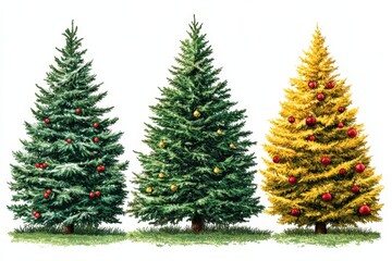 Fototapeta premium Trio of colorful Christmas trees including a vibrant gold one showcasing diverse decorations and holiday styles in a bright minimalist setting