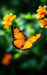 A vibrant orange butterfly flutters amidst bright yellow flowers, showcasing nature's beauty in a lush green environment.