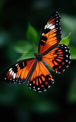 Fototapeta premium A vibrant orange butterfly with black patterns rests on lush green leaves, showcasing nature's beauty and elegance.