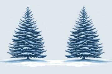 Obraz premium Pair of blue tinted Christmas trees in a snow covered field creating a serene and minimalist holiday landscape with frosty charm