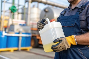 A worker in gloves and a blue uniform is holding a large chemical container in an industrial setting. The environment features equipment and storage tanks, highlighting a typical day in a manufacturin