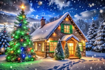 christmas house in the forest, interior christmas. magic glowing tree.