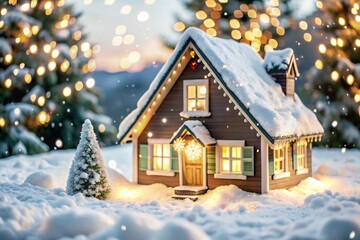 Fototapeta premium christmas house in the snow, interior christmas. magic glowing tree.