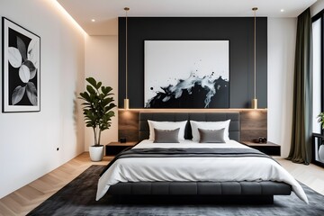 Stylish black and white bedroom interior design.