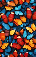 Naklejka premium A vibrant pattern of butterflies in blue, orange, and red, creating a visually stunning and colorful composition.