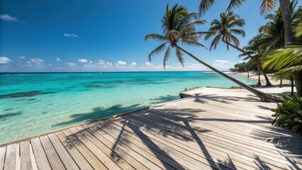 Obraz premium A wooden deck overlooking a tranquil turquoise sea, bordered by swaying palm trees, casting long shadows on the sun-drenched sand