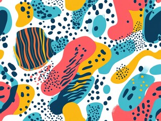 A vibrant vector seamless pattern with playful abstract shapes, lines, and dots in bold colors like teal, coral, and yellow, ideal for contemporary designs with a fun, dynamic feel