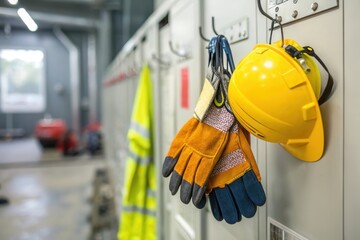 Safety gear including a hard hat and gloves is neatly hanging in a designated locker area within an industrial facility, emphasizing workplace safety and organization during operational hours.