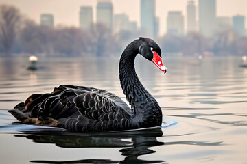Naklejka premium Schwarzer Schwan im Wasser mit Chart als Hintergrund B√∂rsencrash